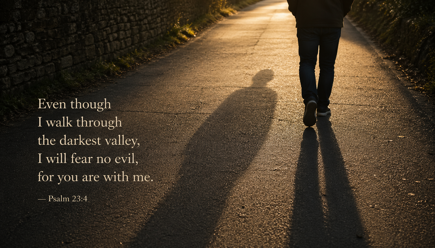 Shadow of two people walking but only one person visible, second shadow belongs to someone unseen, pavement long afternoon shadows, text Even though I walk through the darkest valley I will fear no evil Psalm 23:4 -- HD wallpaper
